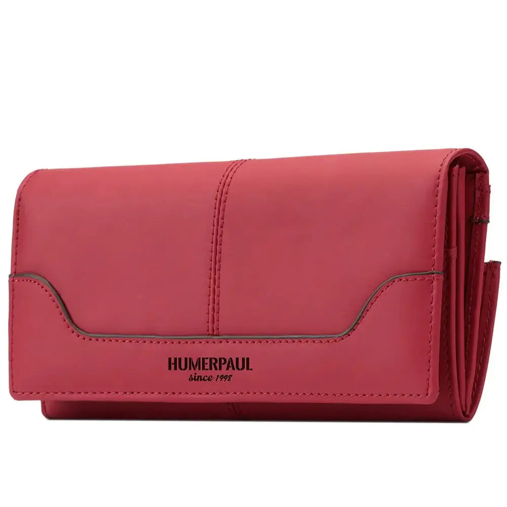 Genuine Leather Wallet in vibrant pink color with multiple pockets for cards and cash.
