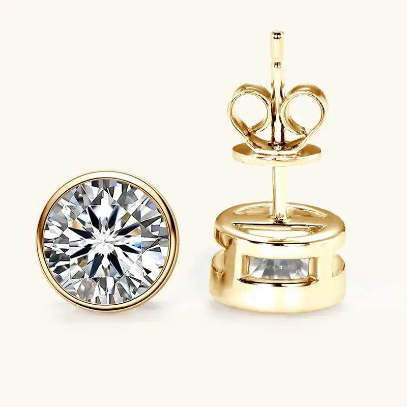 Round Moissanite Stud Earrings with push-back finding in elegant gold setting.