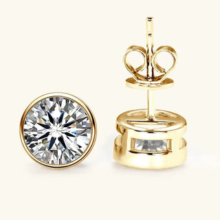 Round Moissanite Stud Earrings with push-back finding in elegant gold setting.