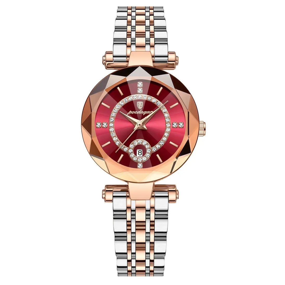Wristwatch For Woman with diamond accents and rose gold band, featuring a vibrant red dial and stainless steel details.