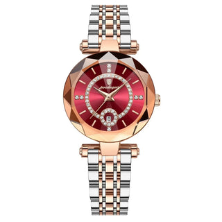 Wristwatch For Woman with diamond accents and rose gold band, featuring a vibrant red dial and stainless steel details.