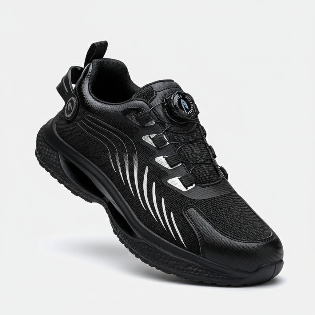 Anti-smash Work Shoes For Men featuring durable black fabric upper and anti-slip rubber outsole.