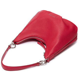 Luxury red shoulder bag for women, casual crossbody satchel with wide strap and zipper closure.
