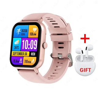 Smartwatches with Bluetooth in pink design showcasing fitness tracking and a bonus gift of wireless earbuds.