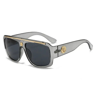 Sunglasses with gold detailing in gray frame, perfect for casual adult wear.