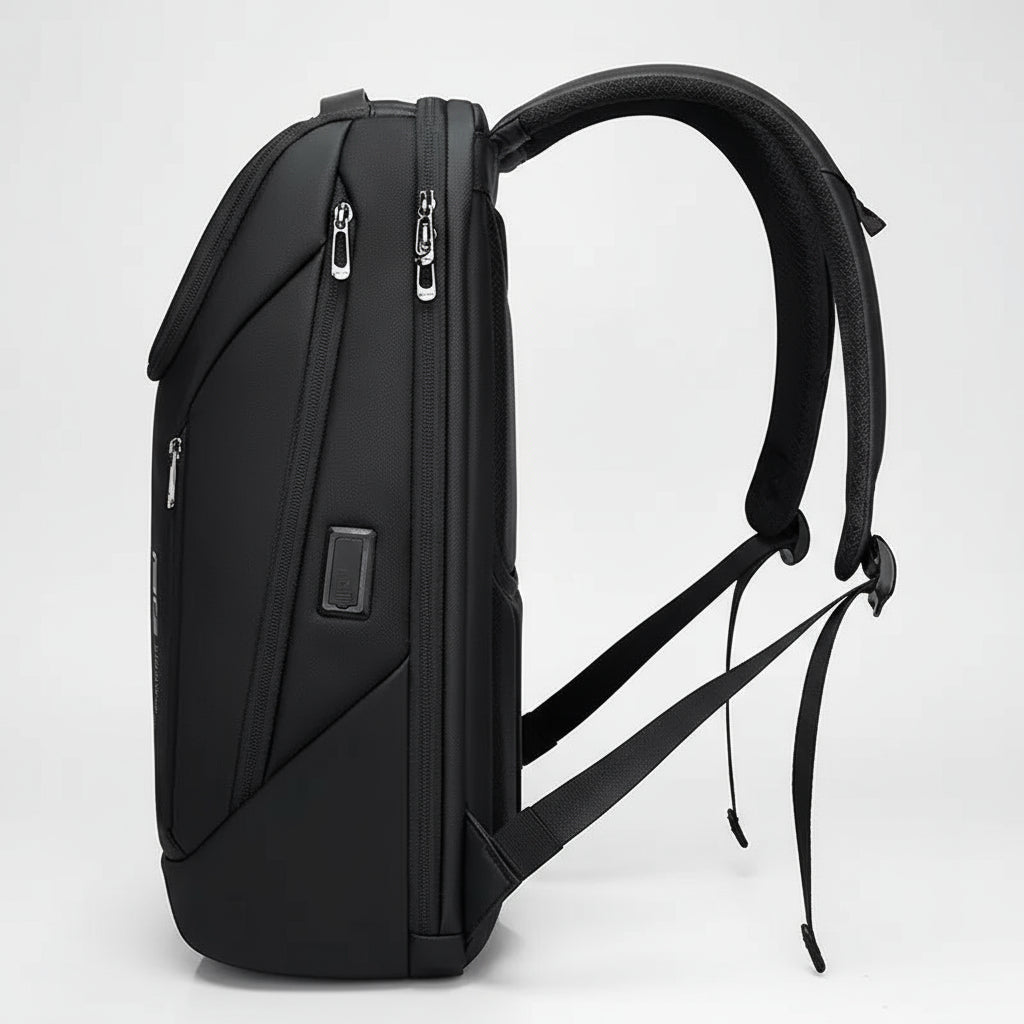 Bange Backpack in black, featuring USB charging and waterproof design, showcasing air cushion straps and zipper closure.