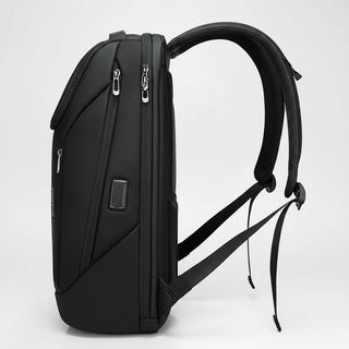 Bange Backpack in black, featuring USB charging and waterproof design, showcasing air cushion straps and zipper closure.