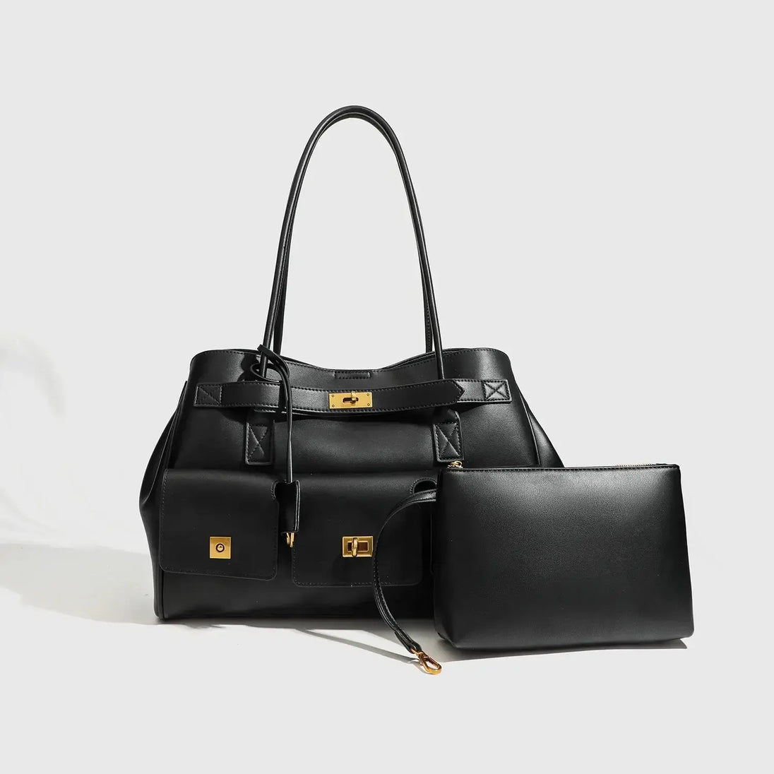 Black Tote Bag with Zipper Pocket and detachable pouch for women and unisex, featuring a solid design and hasp closure.