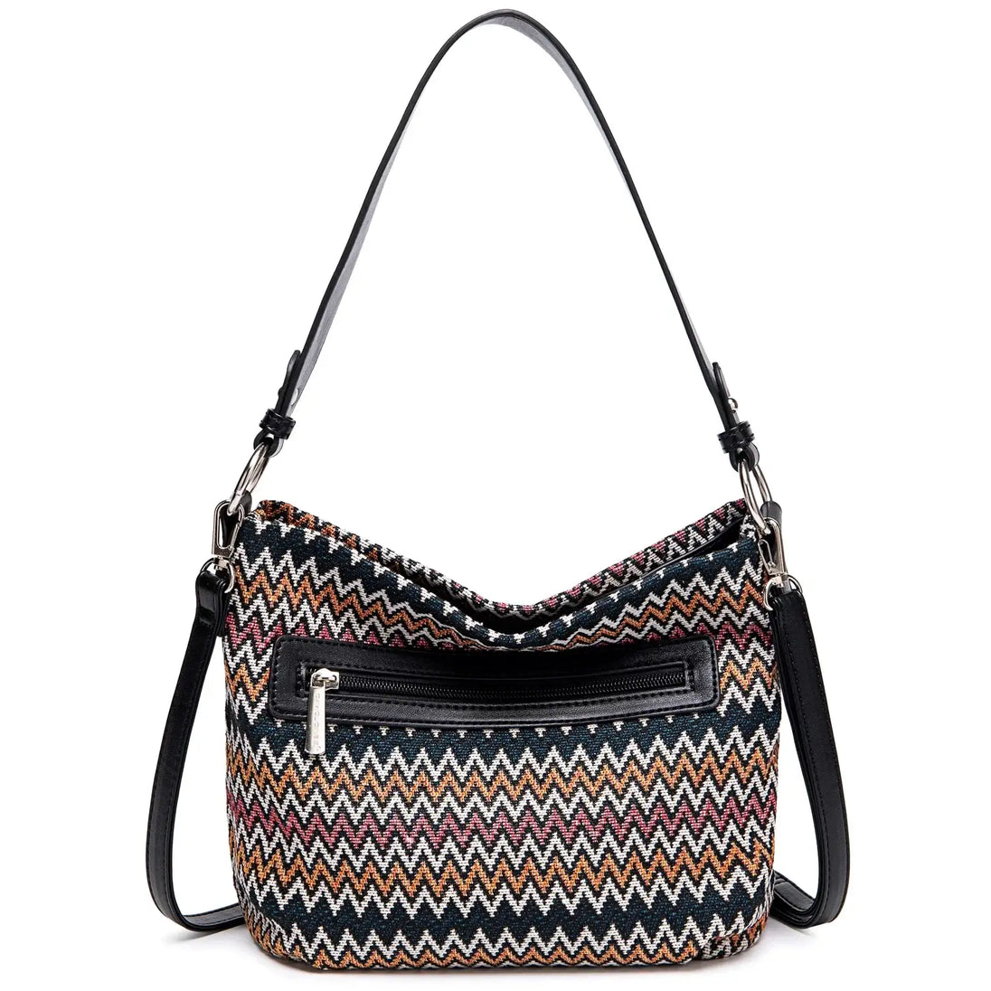 Women's shoulder bag, multicolor zigzag pattern, stylish and functional everyday accessory.