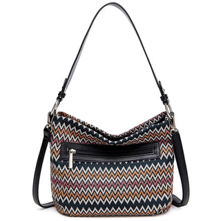 Women's shoulder bag, multicolor zigzag pattern, stylish and functional everyday accessory.