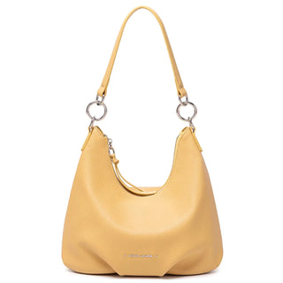Luxury yellow crossbody bag for women, casual satchel with wide straps and zipper closure.
