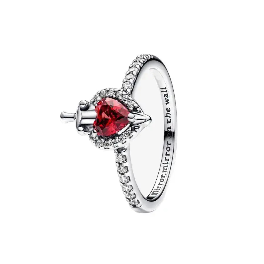 New Princess Ring Series Sterling Silver featuring a heart-shaped red gemstone and sparkling zircon accents.
