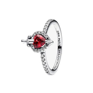 New Princess Ring Series Sterling Silver featuring a heart-shaped red gemstone and sparkling zircon accents.