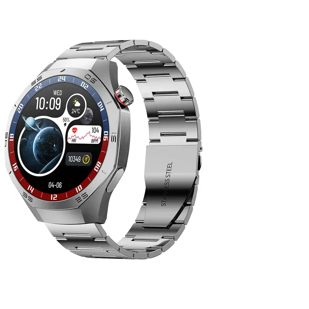 Multifunctional Sports Smartwatches with sleek silver stainless steel strap and digital display showing time and fitness metrics.