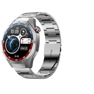 Multifunctional Sports Smartwatches with sleek silver stainless steel strap and digital display showing time and fitness metrics.