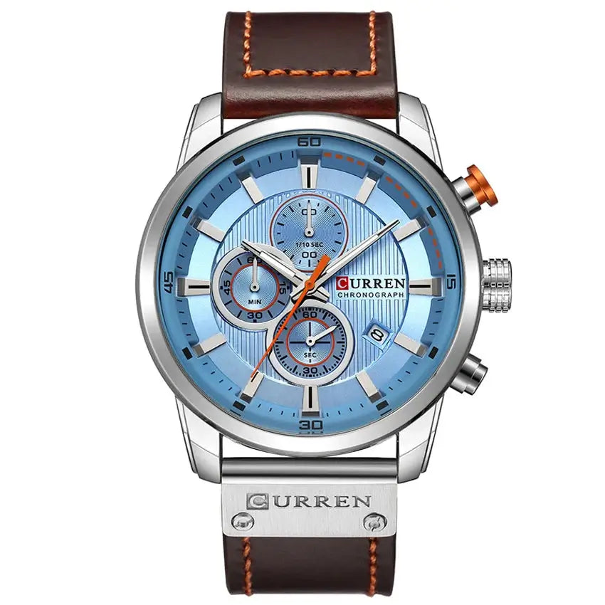 Luxury Chronograph Mens Watch with blue dial and leather band featuring multiple chronograph functions.