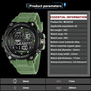 Mens Digital Sport Watch in green with waterproof features and digital display showcasing product parameters.