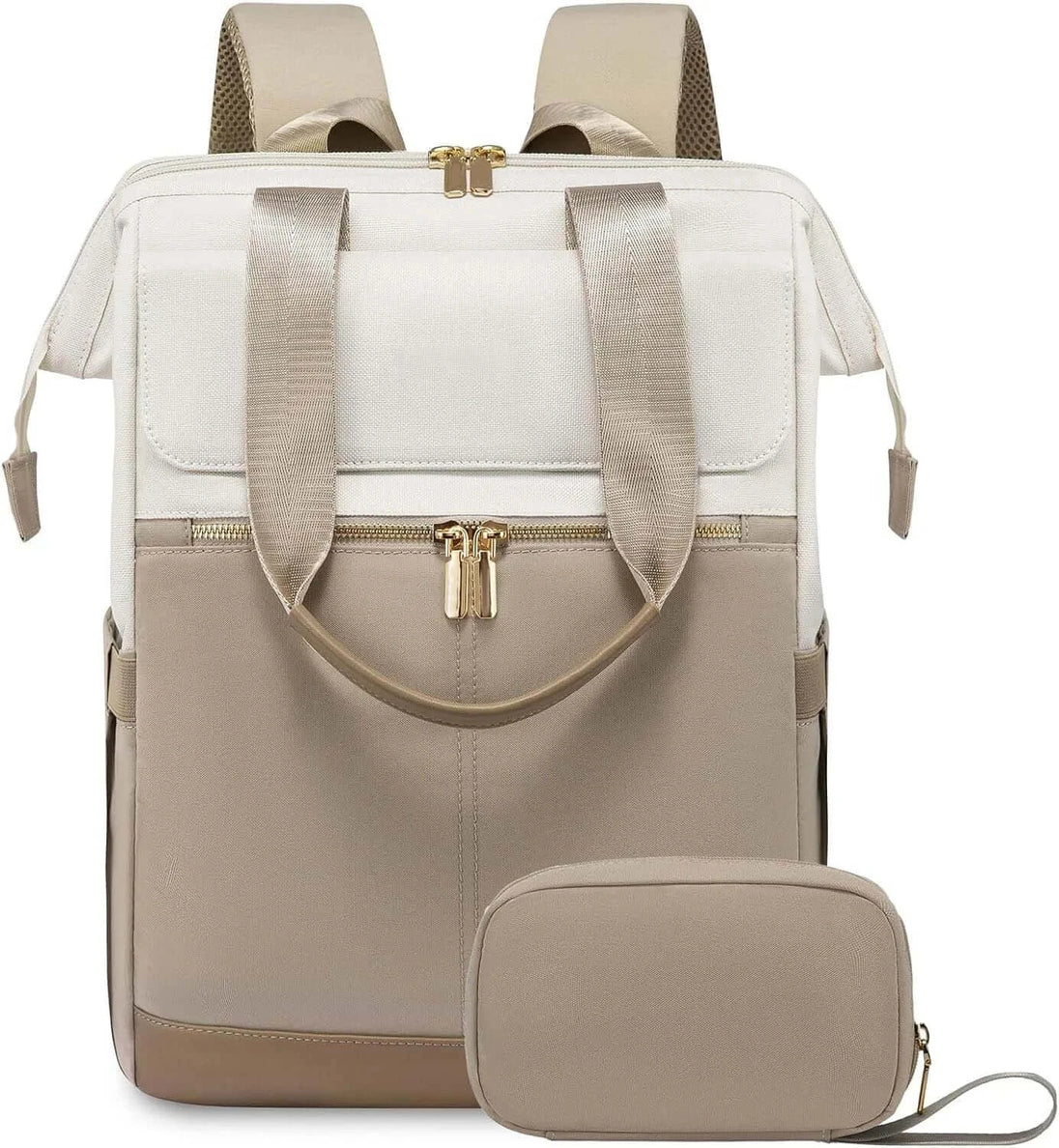 Women's Backpack in beige and cream color with multiple pockets and zippers, designed for comfort and style.