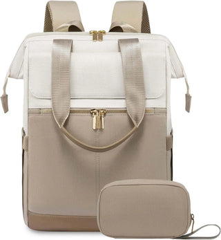 Women's Backpack in beige and cream color with multiple pockets and zippers, designed for comfort and style.