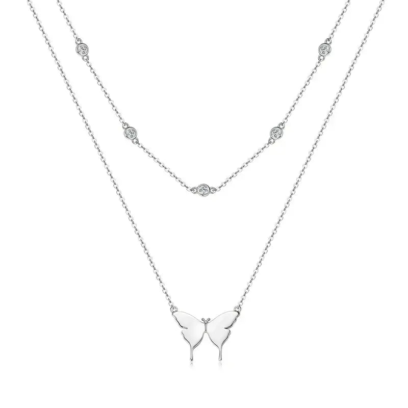 Moissanite Necklace Double Layer Butterfly Pendant