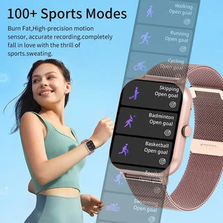 Smartwatches with Bluetooth showcasing 100+ sports modes and stylish design by a young woman in activewear.