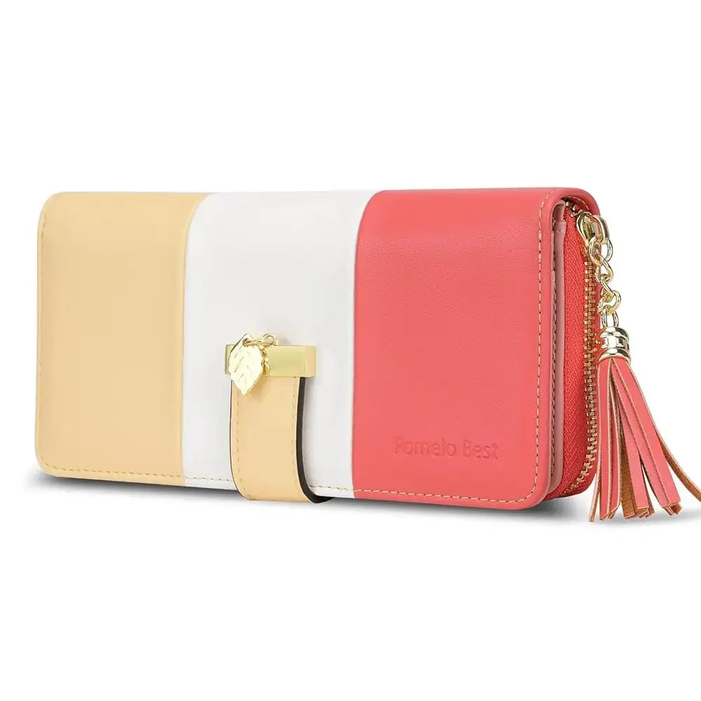 Womens Wallet RFID Blocking Genuine Leather in trendy colors, featuring zipper closure and decorative button, perfect for women.