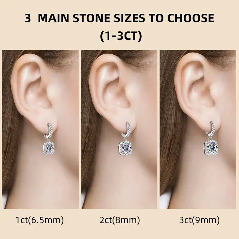 Moissanite Drop Earrings showcasing 3 main stone sizes: 1ct, 2ct, and 3ct options for every style.