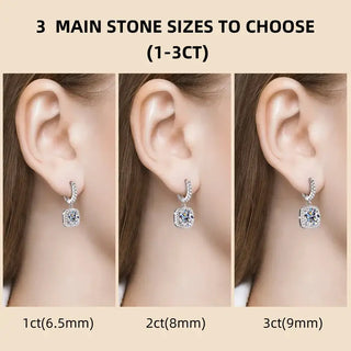 Moissanite Drop Earrings showcasing 3 main stone sizes: 1ct, 2ct, and 3ct options for every style.