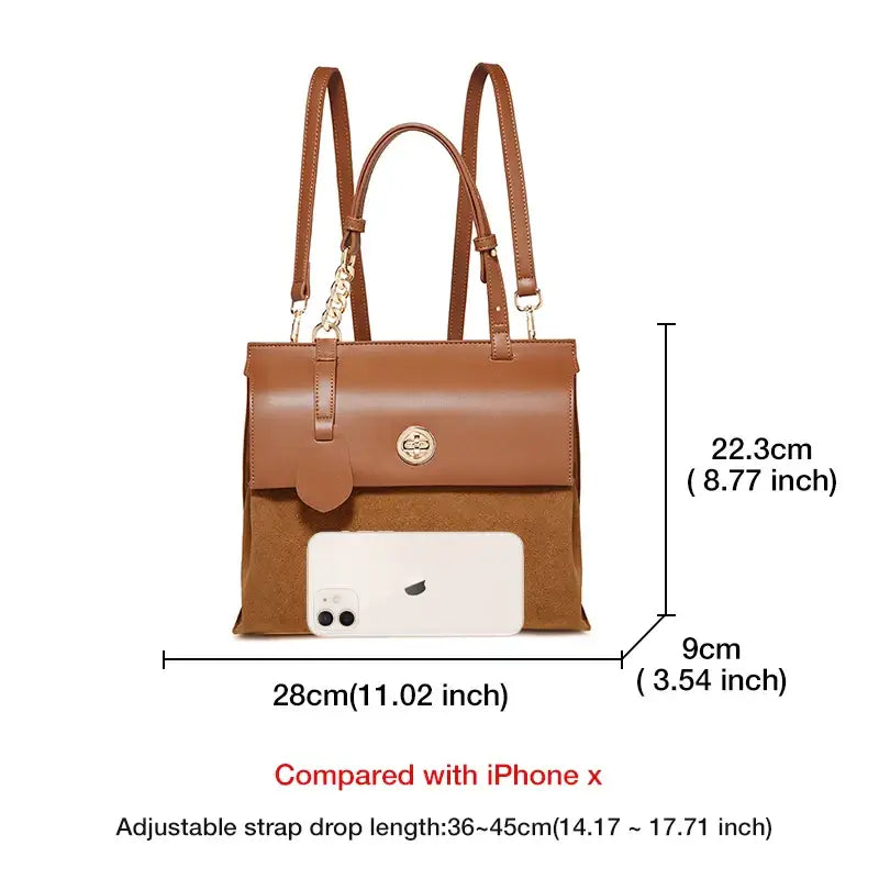 Leather Backpack PVC displayed with dimensions, showcasing its vintage style and design features.