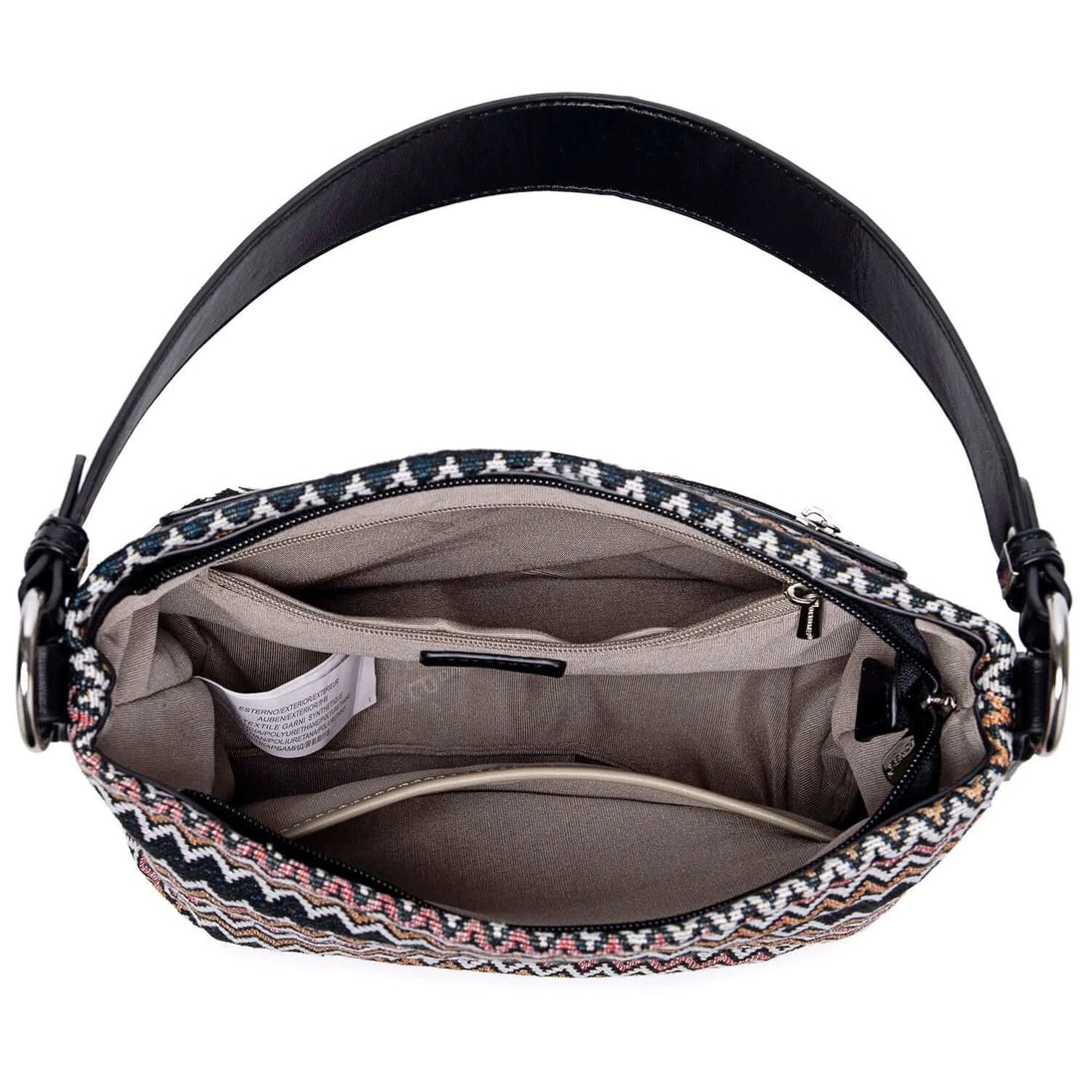 Multicolor shoulder bag interior view showing organized compartments and cell phone pocket.