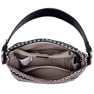 Multicolor shoulder bag interior view showing organized compartments and cell phone pocket.