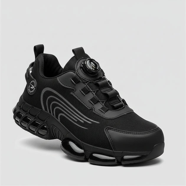 Anti-smash Work Shoes For Men featuring black fabric upper and rubber outsole with secure fit design.
