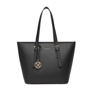 Large Shopper Tote Bag in black leather with stylish gold accents and a charm, perfect for casual outings.