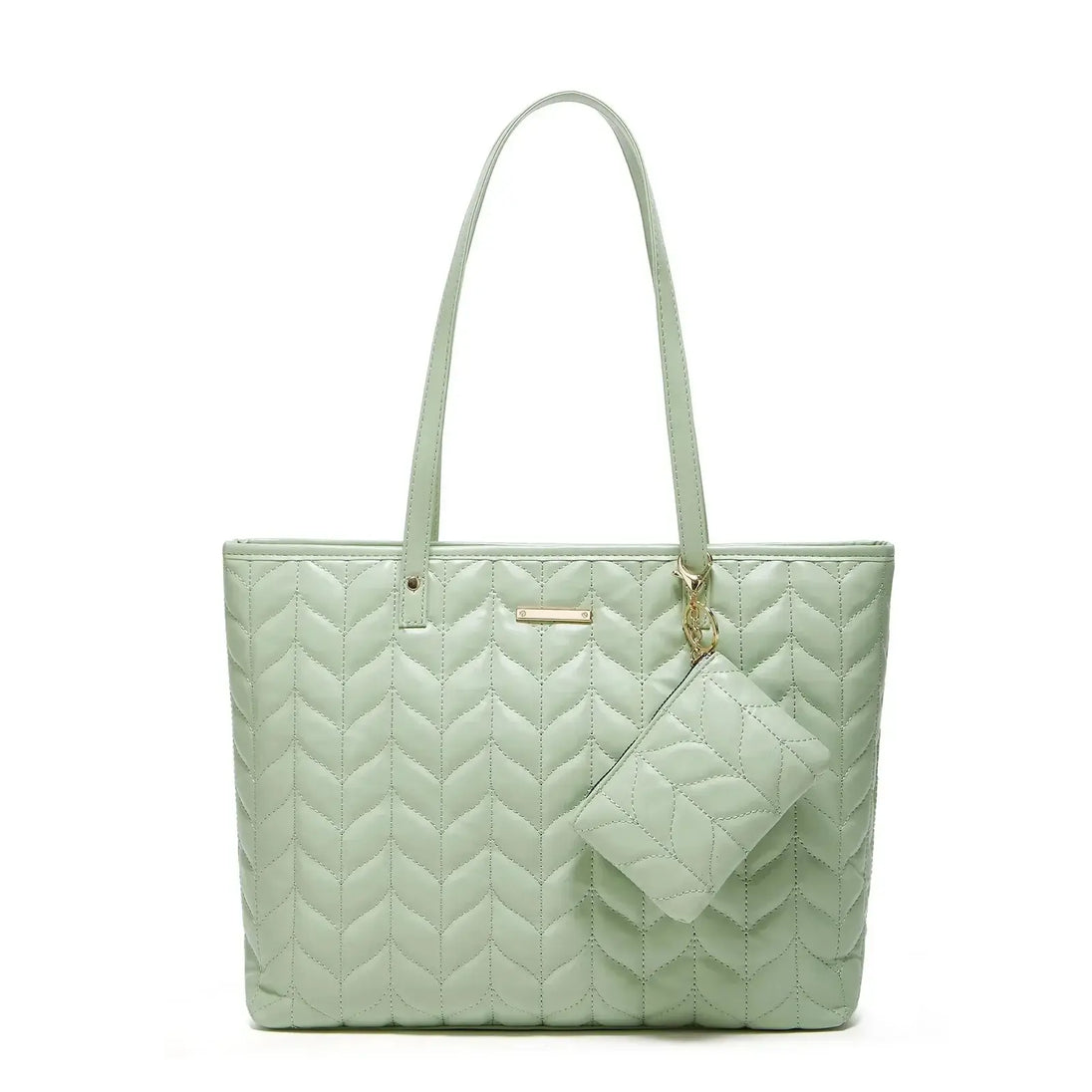 Tote Bag in soft mint green featuring a quilted design and detachable pouch, perfect for daily use.