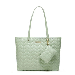 Tote Bag in soft mint green featuring a quilted design and detachable pouch, perfect for daily use.