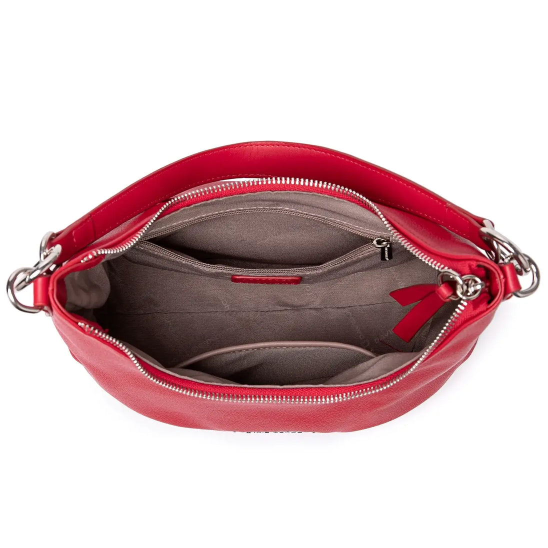 Red luxury crossbody bag interior view showing multiple compartments, designed for women, perfect for casual occasions.