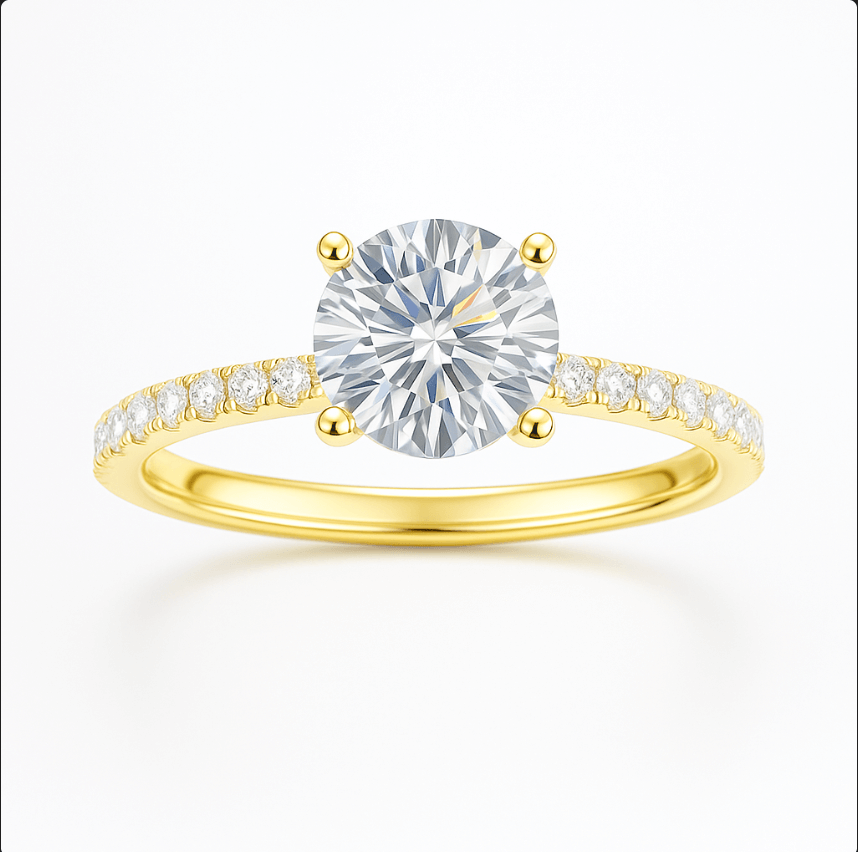 Moissanite Ring 925 Sterling Silver featuring a round-cut center stone and sparkling zircon accents in yellow gold.