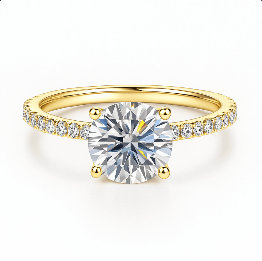 Moissanite Ring 925 Sterling Silver featuring a brilliant round-cut stone with sparkling zircon accents in gold plating.