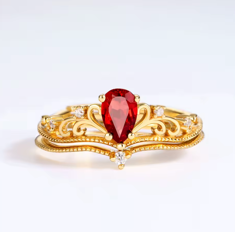 Crown Rings Mozambique Red Garnet & Moissanite Women’s Engagement Ring