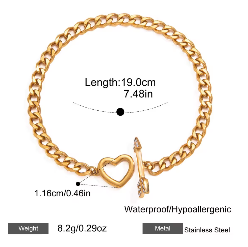 Chain Bracelet 18K Gold Stainless Steel – Classic Crystal Arrow Heart Design with OT Clasp Toggle Closure