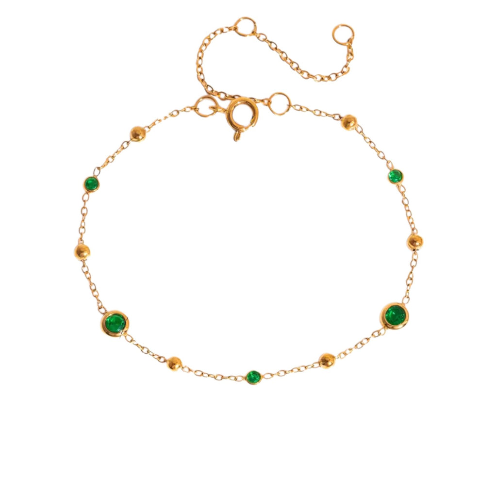 Gold Bracelet Waterproof Stainless Steel Vintage Green Crystal Beaded Link