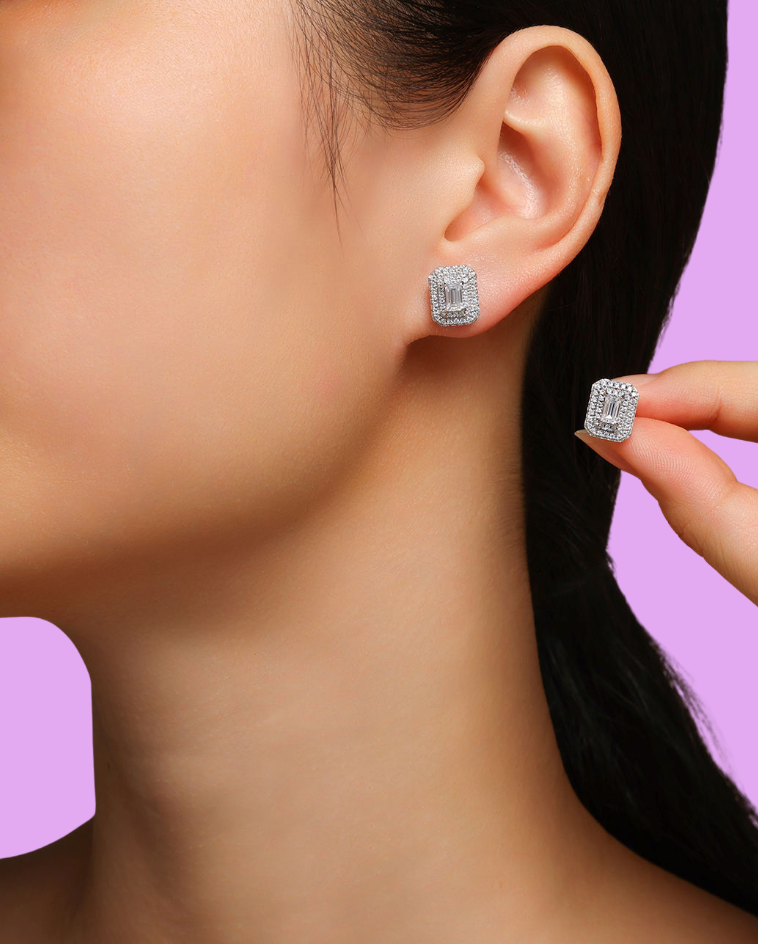 Handcrafted Moissanite Stud Earrings – Emerald Cut Iced Out Design