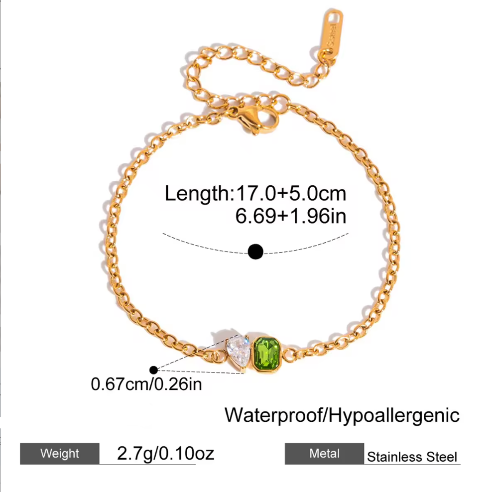 Bracelet Waterproof Stainless Steel Vintage Green Crystal Beaded Link