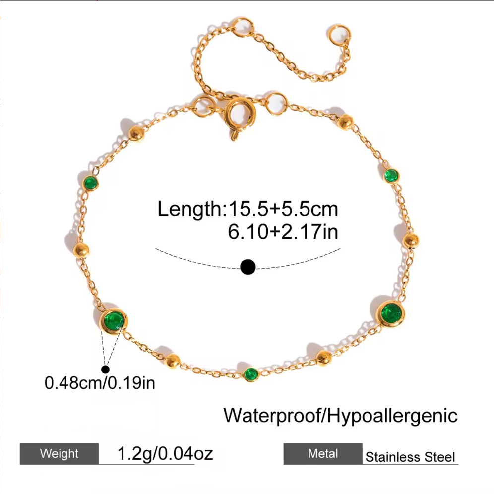 Gold Bracelet Waterproof Stainless Steel Vintage Green Crystal Beaded Link