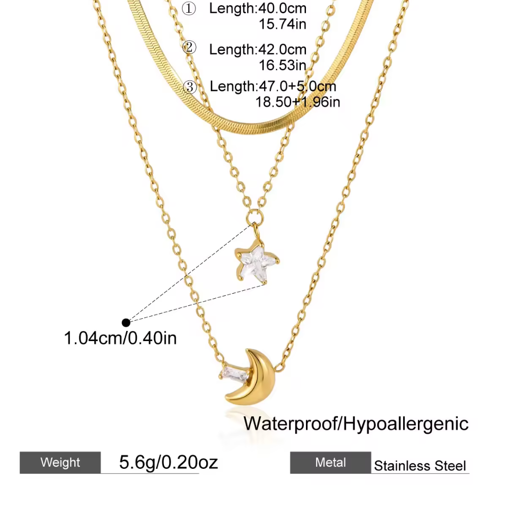 Gold Necklace 18K Gold Plated Stainless Steel Triple Layered Star Moon