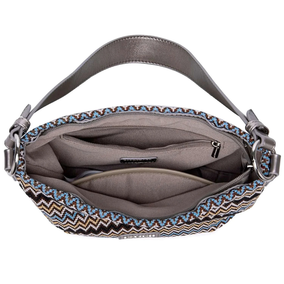 Women’s shoulder bag, multicolor zigzag pattern, spacious interior with compartments, crafted from durable polyester.