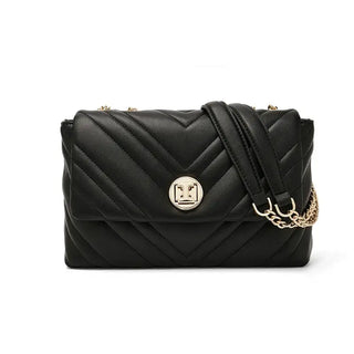 Shoulder Bag with Gold Chain, a stylish black bag featuring a gold chain and flap design.