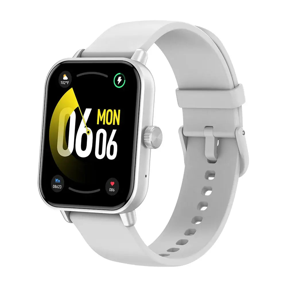 Smartwatch with 1.9 ultra display and sleek white band showing time, date, and activity tracking icons.