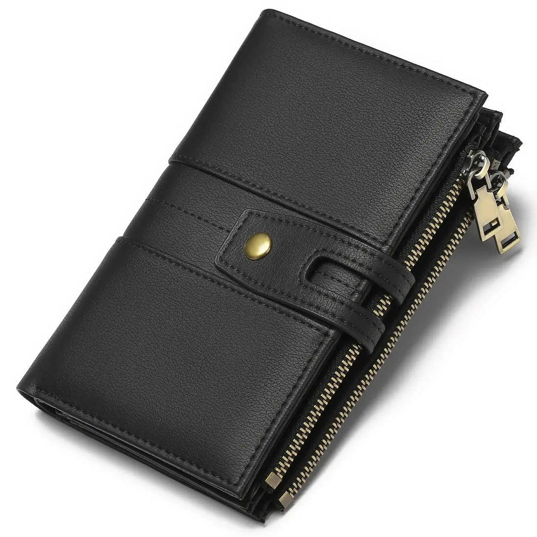 Women's Wallet with multi-card holder in elegant black leather with zipper and snap closure.