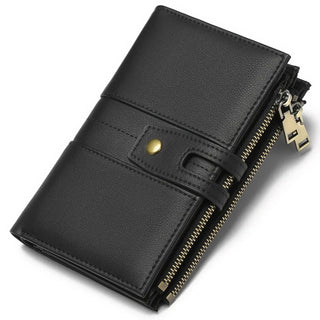 Women's Wallet with multi-card holder in elegant black leather with zipper and snap closure.